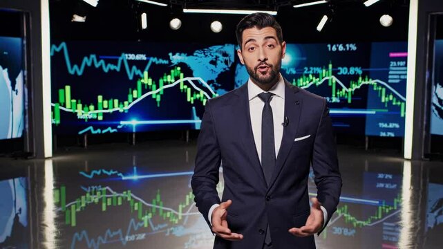 A professional news anchor stands in a studio with financial charts in the background. The video uses a straight-on camera angle for clarity.