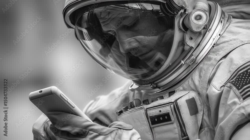 Poster focused astronaut in spacesuit wearing american flag patch, using smartphone while floating in zero 