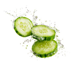 Slices of fresh cucumber with splash water isolated on a transparent background 
