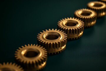Golden Gears in a Row on Dark Green Background - Precision Engineering Concept