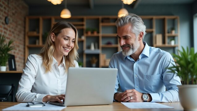 Business team of two executives working together using laptop in office,couple,desk,work