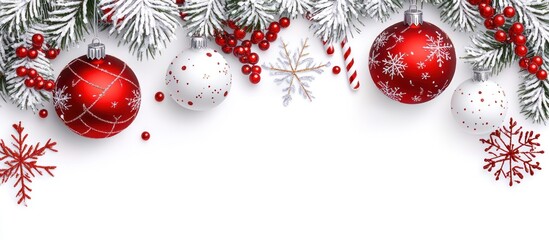 Festive Christmas ornament assortment with snowy branches on white backdrop