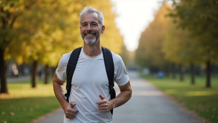 A middle-aged man jogs in the city park while smiling, enjoying the fresh air,running,smiling