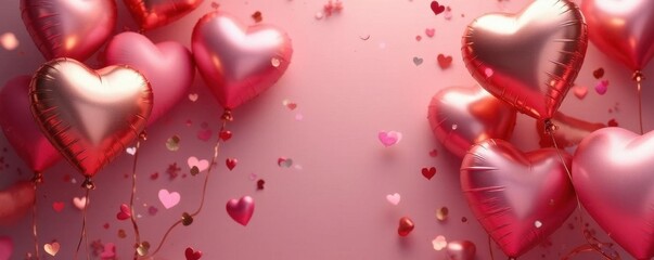 Rose gold metallic balloons, heart confetti, festive backdrop, party, illustration, image