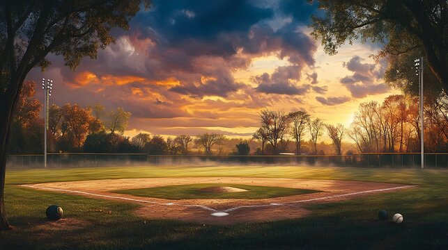 Baseball field at sunset with dramatic sky and dim lighting