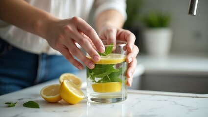 Close-up of someone's hands making infused water with lemon and mint leaves in a minimalist kitchen,preparing,cooking