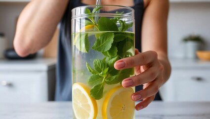 Close-up of someone's hands making infused water with lemon and mint leaves in a minimalist kitchen,bar,fruit,cocktail