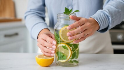 Close-up of someone's hands making infused water with lemon and mint leaves in a minimalist kitchen,woman,juice