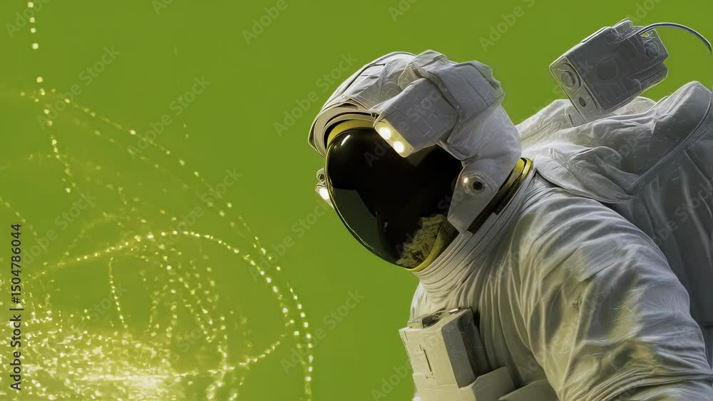 Poster astronaut wearing a spacesuit with helmet and lights interacts with golden particles swirling and mo