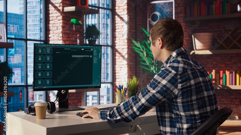 Poster man having fun interacting with ai llm chatbot pc gpt software on pc in modern home office. user usi