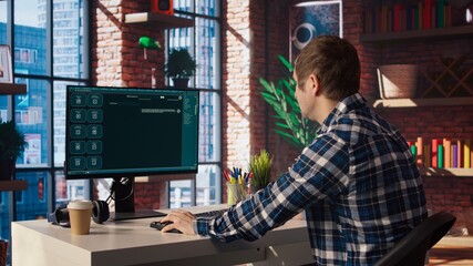 Man having fun interacting with AI LLM chatbot PC GPT software on PC in modern home office. User using large language model application communicating through artificial intelligence, camera A