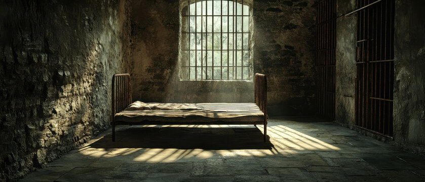 Dimly lit abandoned prison cell with rusty metal bed, sunlight streaming through barred window in forgotten historical building