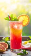 Refreshing summer cocktail with a vibrant blend of grapefruit and citrus, garnished with fresh mint and a lemon slice, perfect for sunny outdoor gatherings or tropical parties.