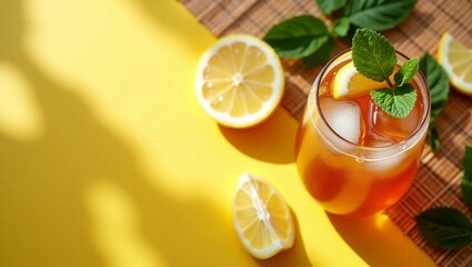 Refreshing Iced Tea with Lemon Slices &ndash; Summer Drink Flatlay