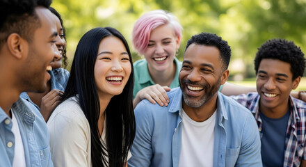 Fototapeta premium Joyful Diverse Friends Laughing Together in Sunny Park: A Candid Moment of Connection, Happiness, and Friendship Under Natural Light Outdoors.