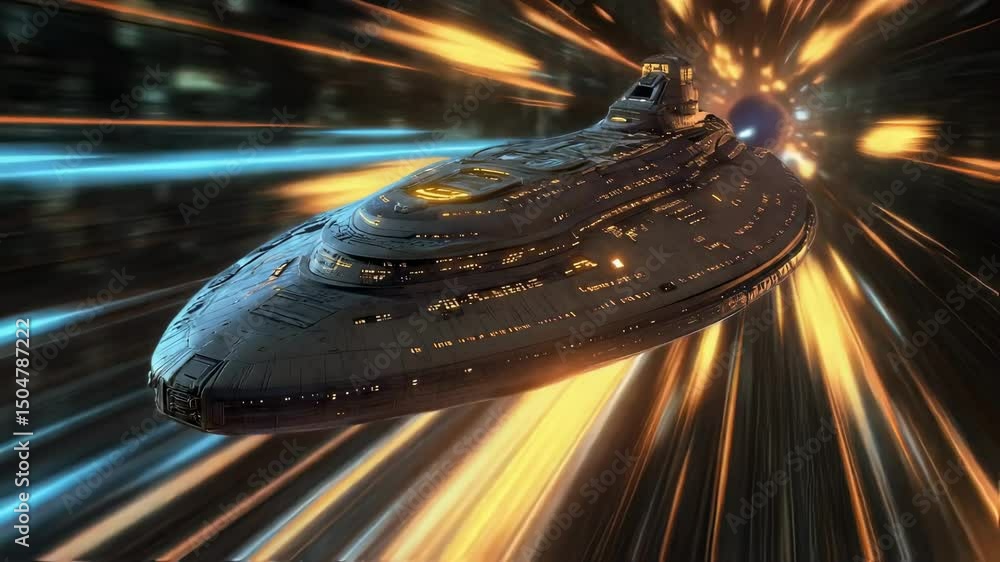Poster large spaceship with glowing windows and engine trails is navigating through a colorful hyperspace t