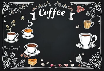 Vintage chalkboard coffee menu with hand-drawn coffee cups, pastries, and beans,  beans,  beverage