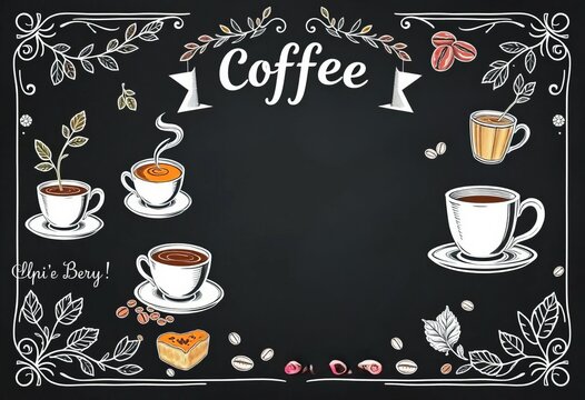 Vintage chalkboard coffee menu with hand-drawn coffee cups, pastries, and beans,  beans,  beverage