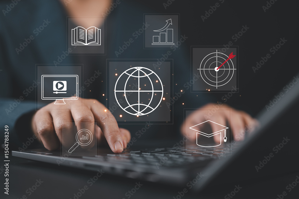 Poster businessman using computer laptop for learning online internet lessons. e-learning education concept