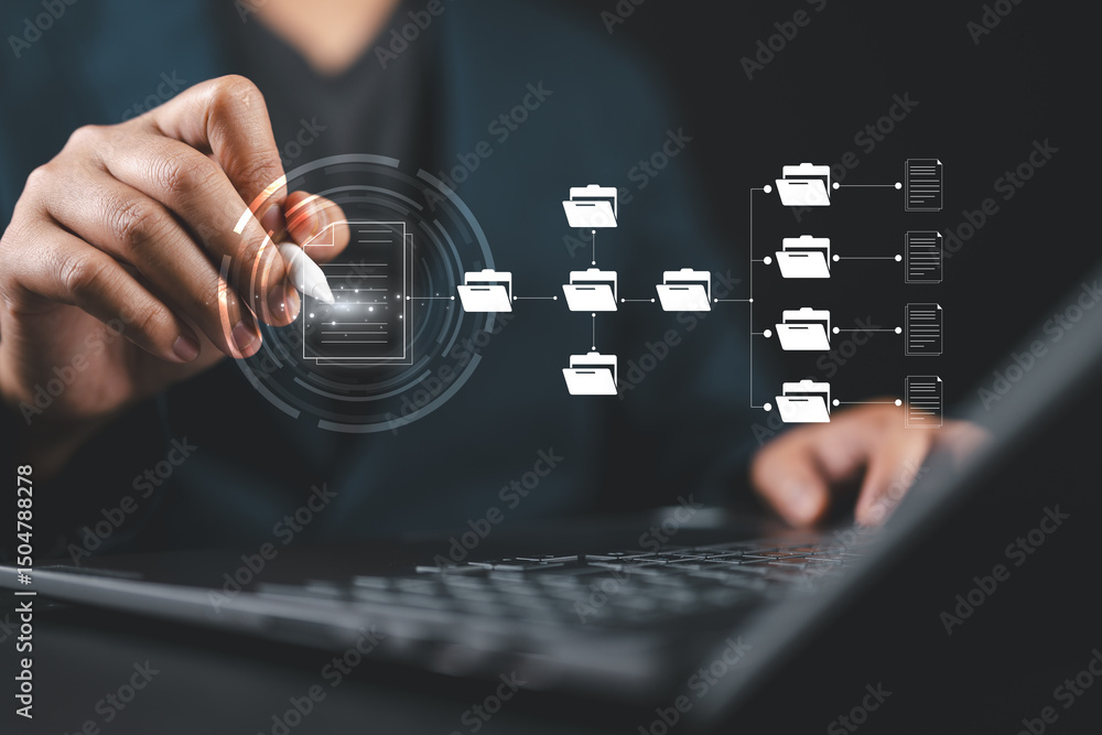 Poster businessman using a laptop to document management concept, online documentation database and digital