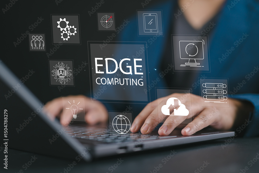Poster Businessman using a laptop with Edge computing, modern IT technology on virtual screen concept.