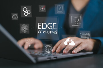 Businessman using a laptop with Edge computing, modern IT technology on virtual screen concept.