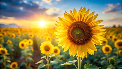 Fototapeta premium A bright, sun-drenched close-up of a single sunflower with a field of blurred sunflowers in the background. 