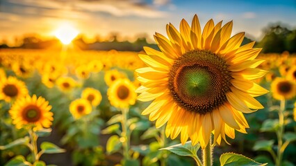 A bright, sun-drenched close-up of a single sunflower with a field of blurred sunflowers in the background.
