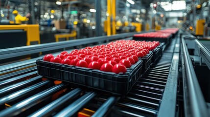 Red cherry tomatoes moving on conveyor belt in modern production facility