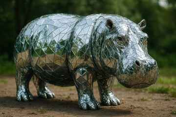 Fototapeta premium Metallic hippopotamus sculpture reflecting surrounding environment