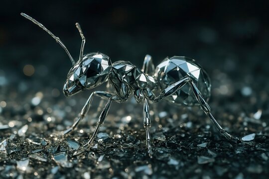 Metallic ant walking on a surface covered with glass shards