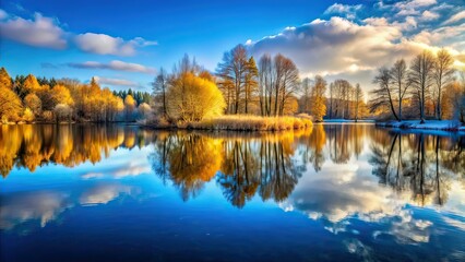 Fototapeta premium Frozen Lake Reflection Symmetry, Sunny Day, High-Definition Photo