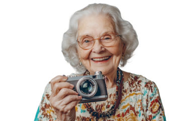 Happy senior woman enjoying a day out with a vintage camera necklace and a joyful expression Isolated on Transparent Background PNG