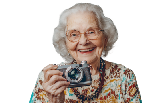 Happy senior woman enjoying a day out with a vintage camera necklace and a joyful expression Isolated on Transparent Background PNG