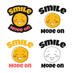 Playful "Smile Mode On" logo designs featuring a cute, happy emoji face in bold cartoon style. Perfect for kid brands, stationery, or cheerful branding.
