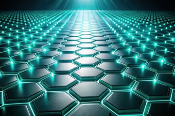 Obraz premium Glowing Hexagonal Grid Floor, Teal Gradient Background