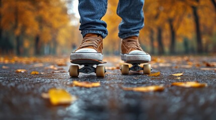 Person on Skateboard Riding Through Autumn Park with Yellow Leaves