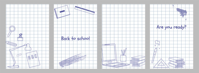 Back to School poster doodle design set. Social Media Template with school textbook book backpack paint. Background banner cover flyer design. Vector illustration.