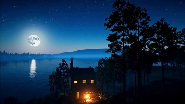 There is a cabin with lights on in the forest. Next to the cabin is the endless blue sea. We hear the sound of crickets and the sound of the wind. The moon is very bright. 4K Video.