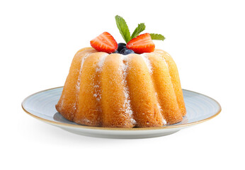 Tasty Bundt cake with powdered sugar and berries isolated on white