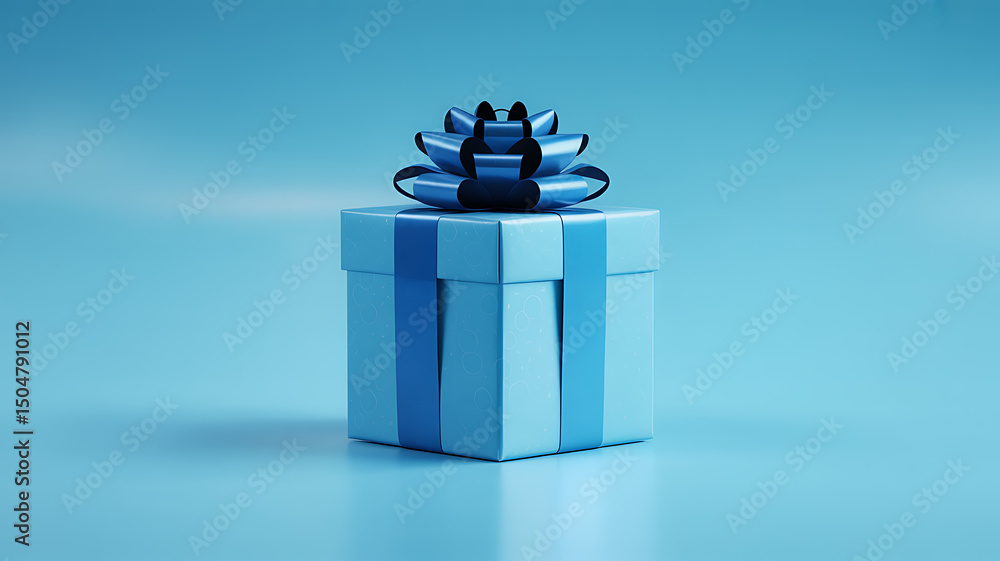 Poster perfectly symmetrical blue gift box with bow isolated on a solid background with subtle depth in a c