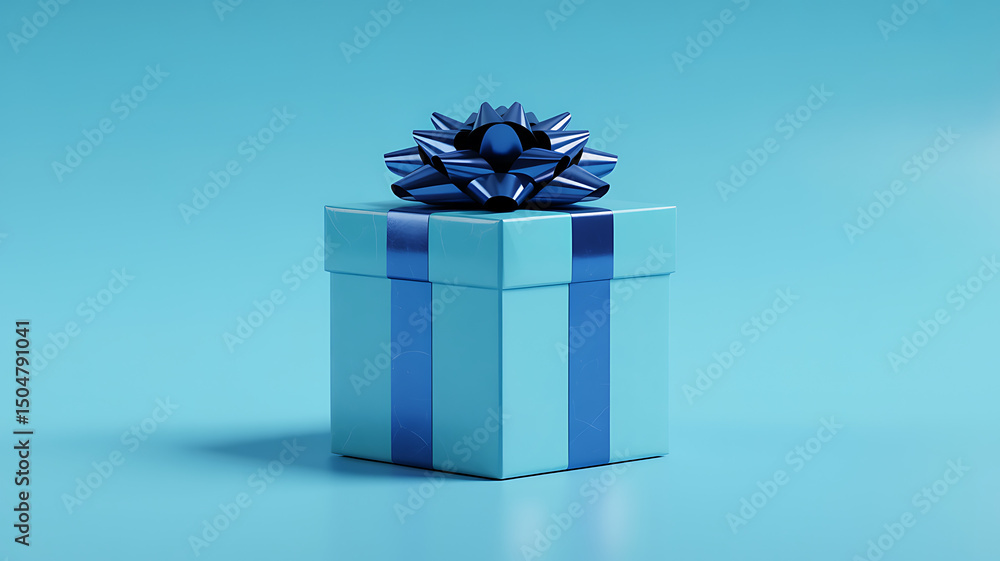 Poster perfectly symmetrical blue gift box with bow isolated on a solid background with subtle depth in a c
