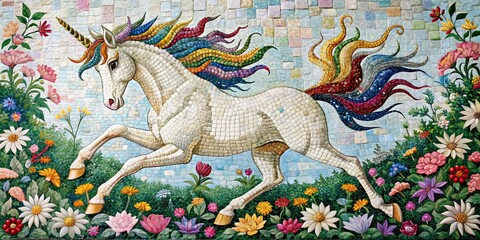 Fototapeta premium Magical Unicorn Dance on Floral Mosaic - AI Art