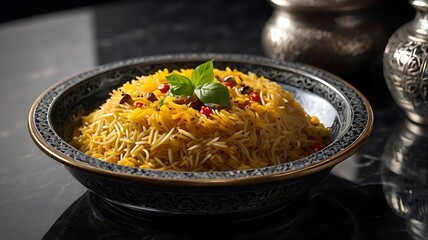 Savory Saffron Rice Dish in an Ornate Bowl A delectable culinary image featuring a vibrant saffron rice dish garnished with fresh basil and spices served in a beautiful dark-colored metallic bowl with