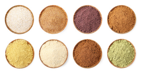 Different superfood powders in bowls on white background, set. Top view