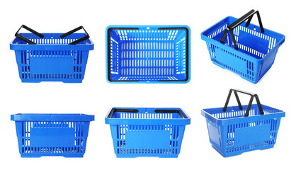Blue shopping basket on white background, collage. View from different sides