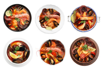 Delicious seafood soup in bowls isolated on white, collage. Top view