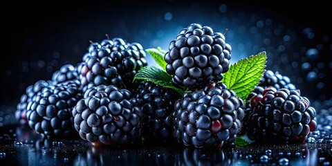 Midnight Dew Blackberries Silhouette Close-Up, Juicy Berries, Dark Background