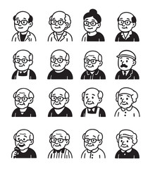 Collection of 16 Simple Outline Illustrations of Elderly People