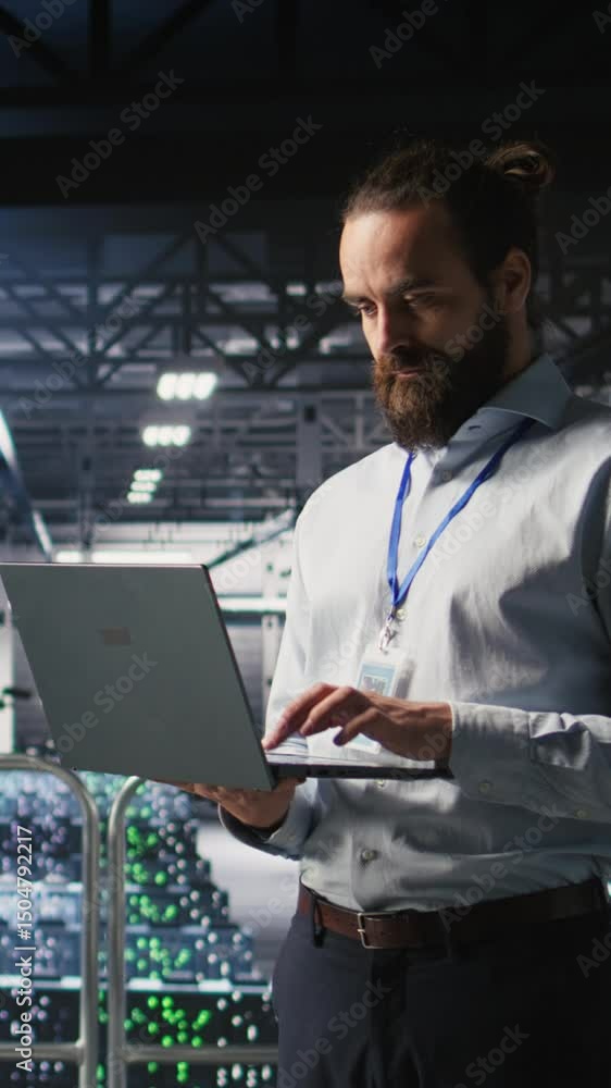 Poster vertical video computer scientists on data center industrial platform analyzing performance outputs 